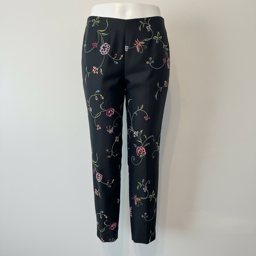 Vintage Woman 100% Silk Pants Floral Embroidery Size 14W Black Y2K Phoebe